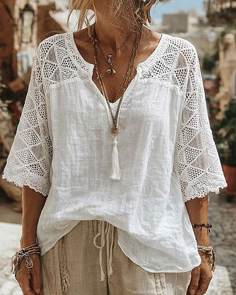 Solid-Color Paneled V-Neck Blouse