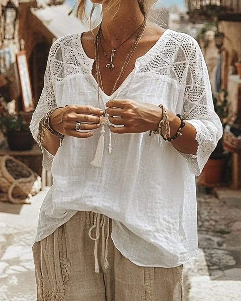 Solid-Color Paneled V-Neck Blouse - Image 2