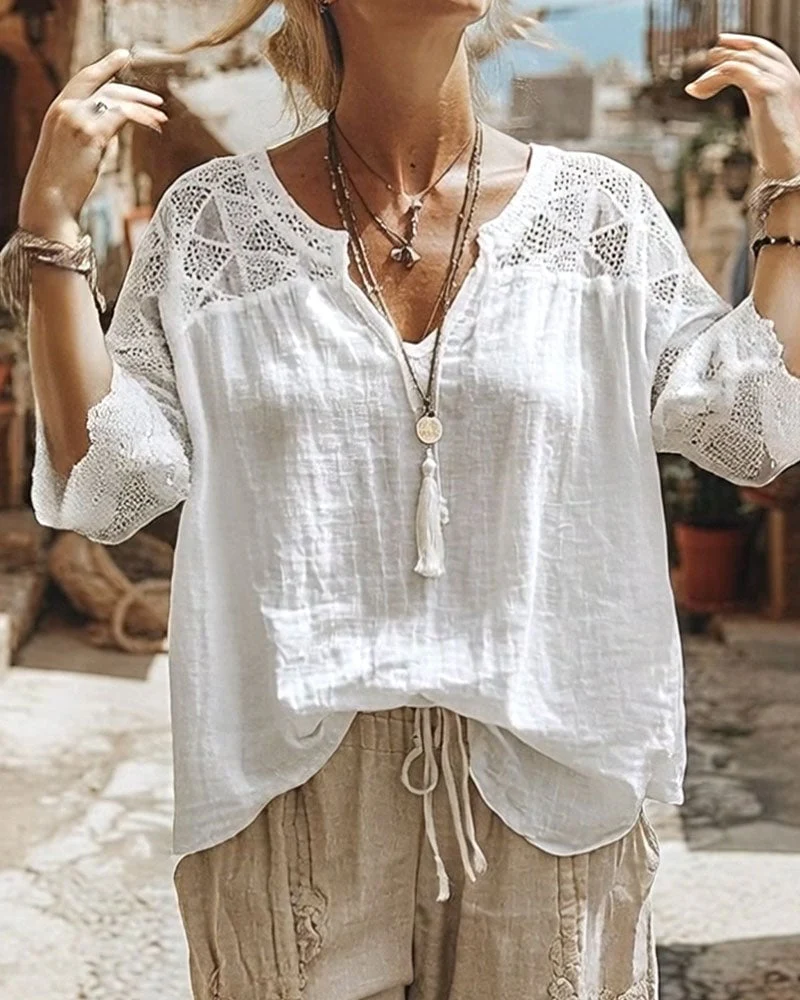Solid-Color Paneled V-Neck Blouse - Image 3