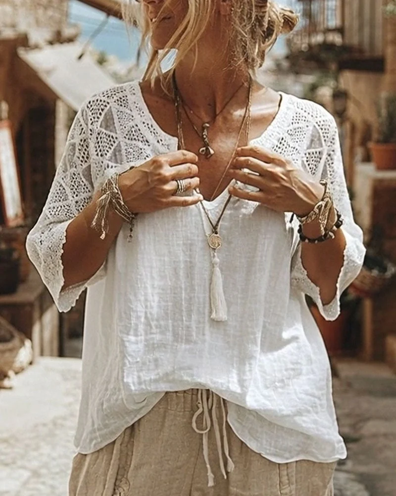 Solid-Color Paneled V-Neck Blouse - Image 4