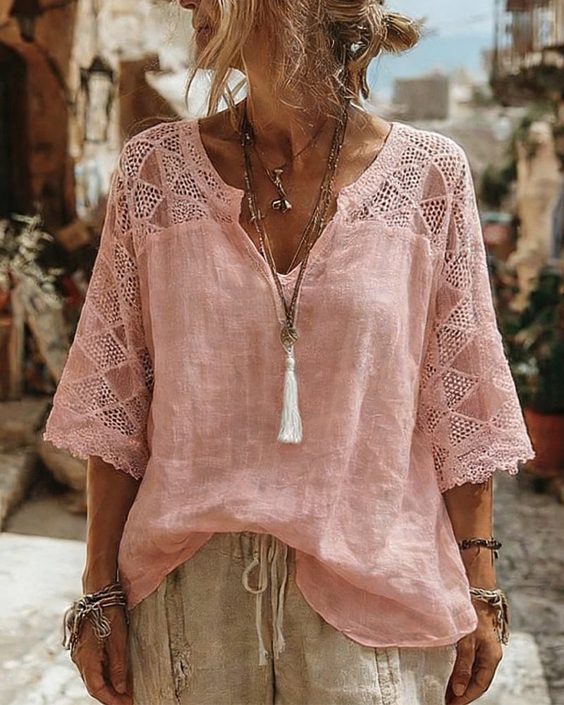 Solid-Color Paneled V-Neck Blouse - Image 5