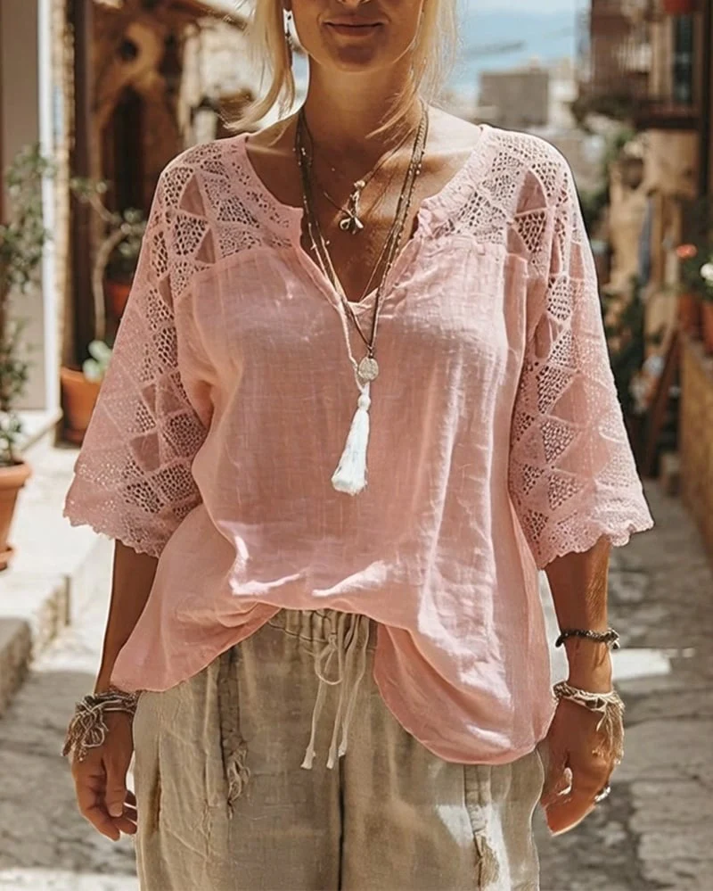 Solid-Color Paneled V-Neck Blouse - Image 6