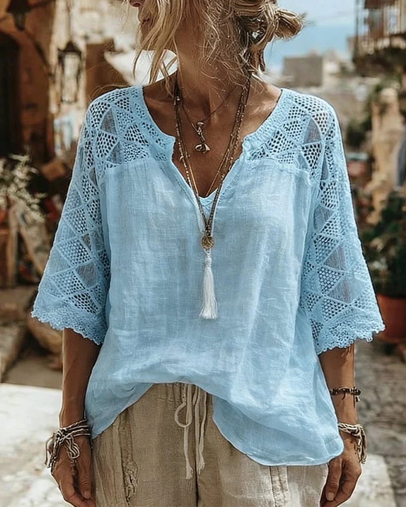 Solid-Color Paneled V-Neck Blouse - Image 8