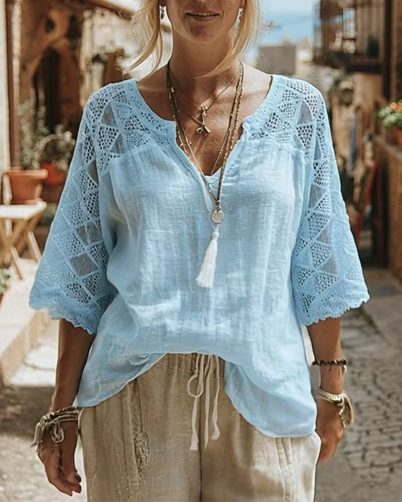 Solid-Color Paneled V-Neck Blouse - Image 9