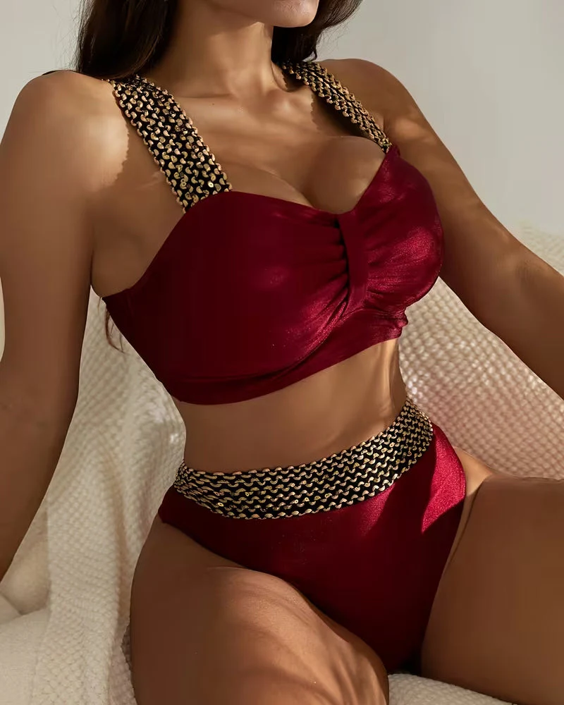Solid Color Patchwork Suspender Bikini - Image 5