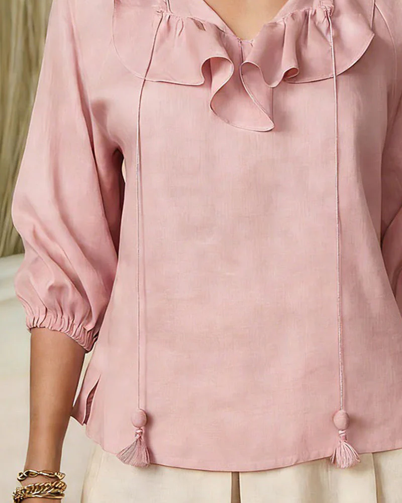 Solid-Color Puff-Sleeve Blouse - Image 2