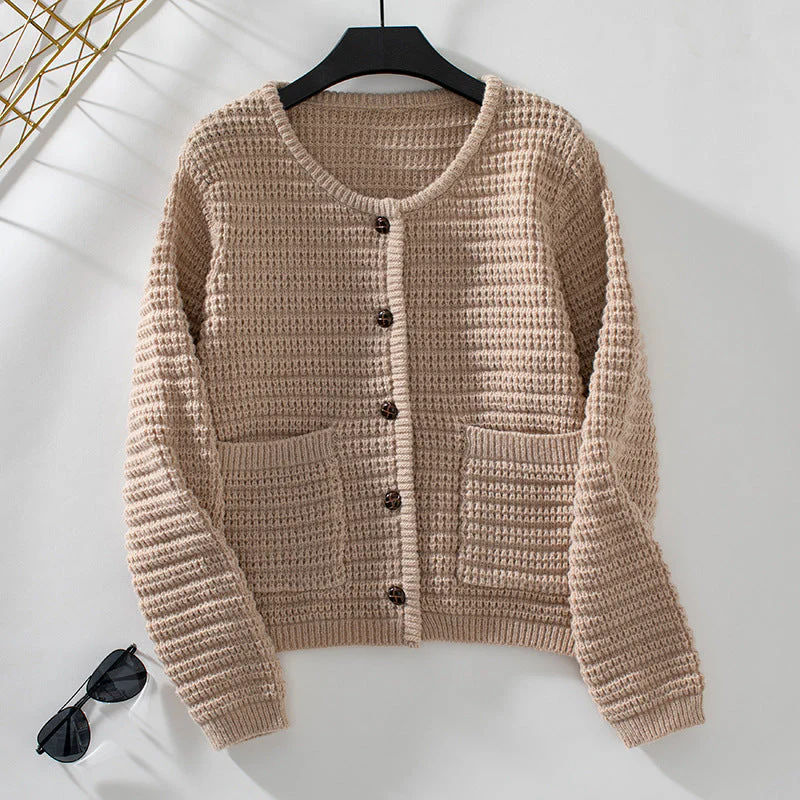 Solid Color Round Neck Knit Cardigan - Image 8
