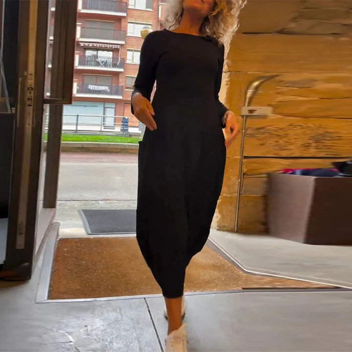 Solid color round neck long sleeve pocket dress - Image 23