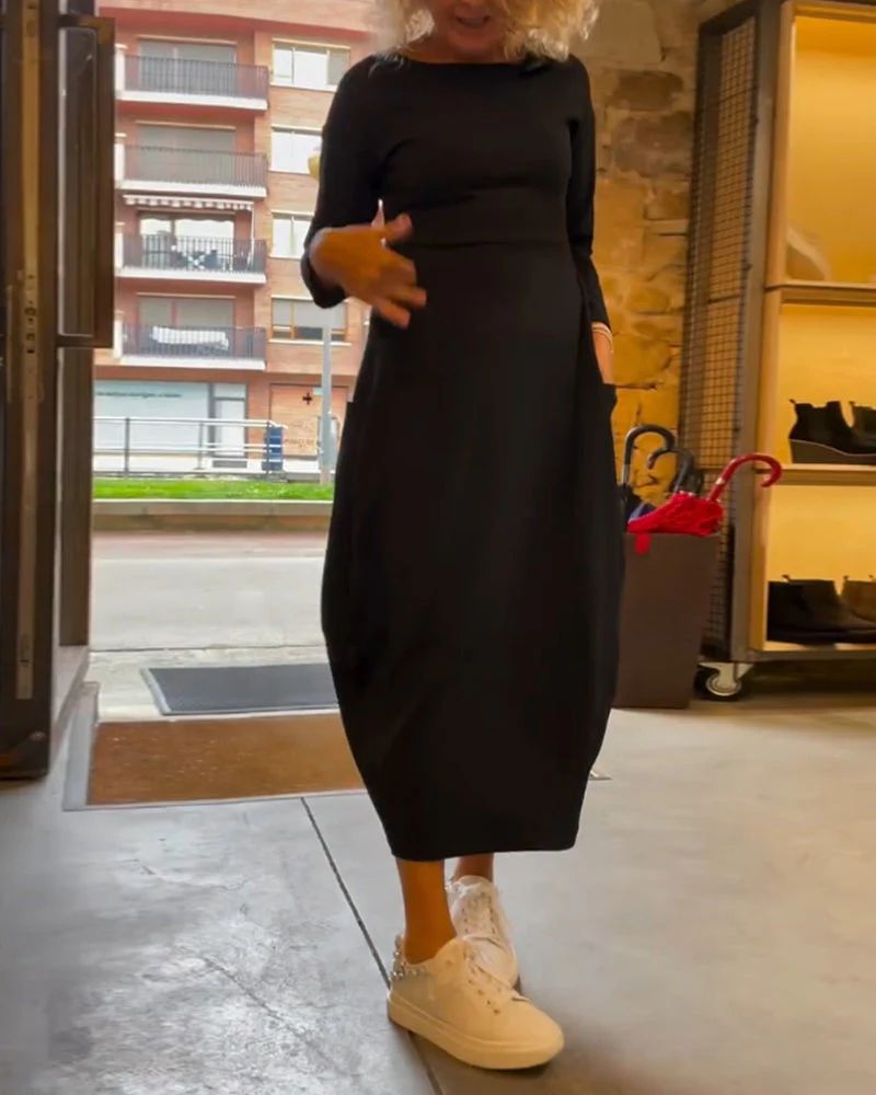 Solid color round neck long sleeve pocket dress - Image 25