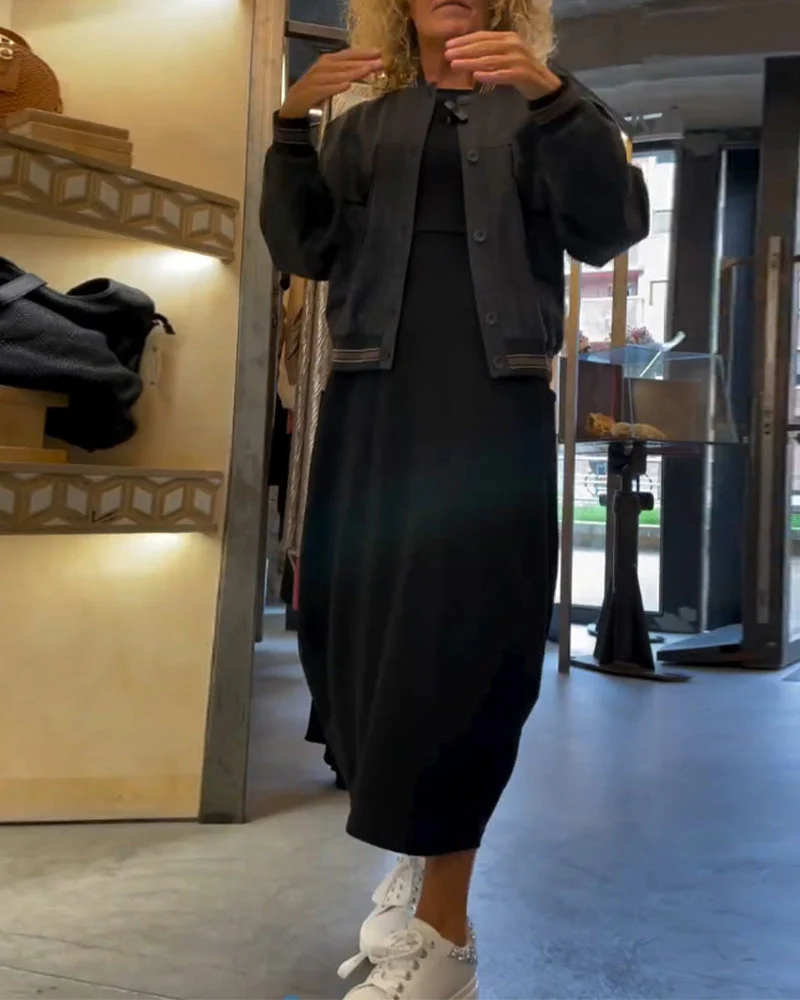 Solid color round neck long sleeve pocket dress - Image 26