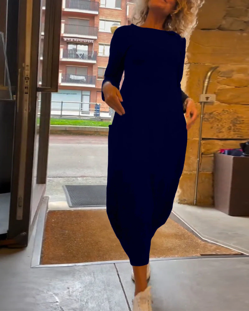 Solid color round neck long sleeve pocket dress - Image 33