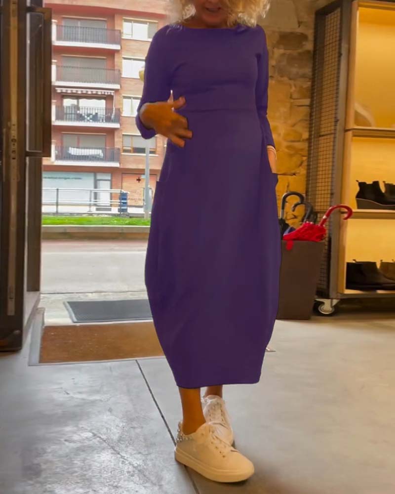 Solid color round neck long sleeve pocket dress - Image 58