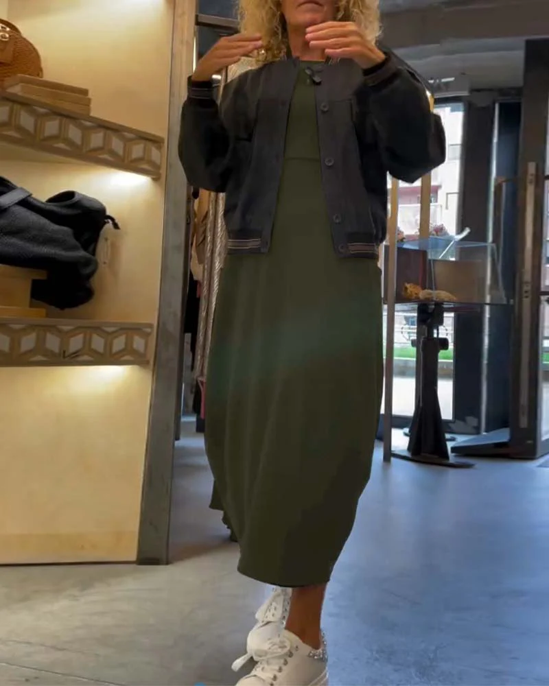 Solid color round neck long sleeve pocket dress - Image 62