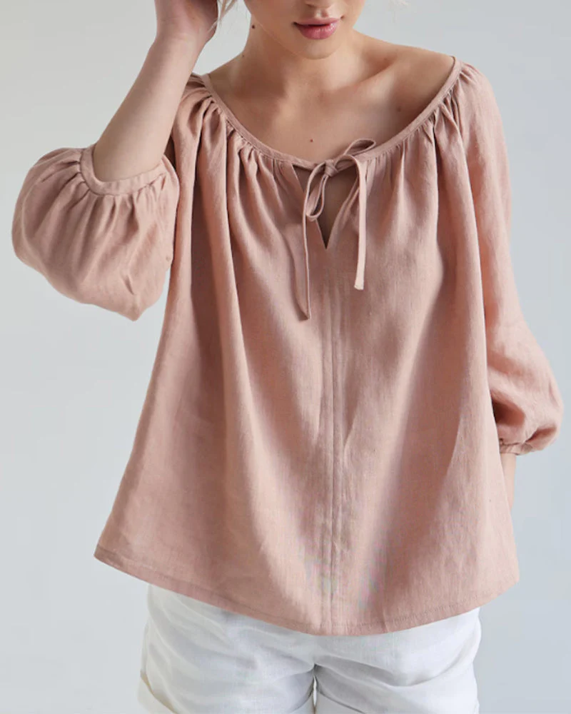 Solid Color Round Neck Tie Top - Image 2