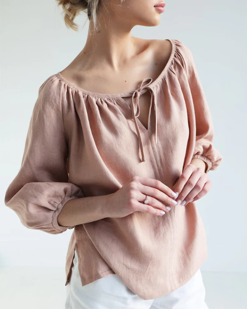 Solid Color Round Neck Tie Top - Image 3