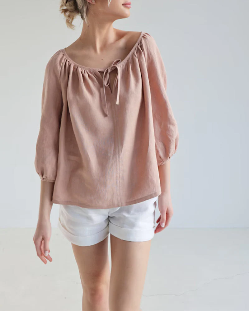 Solid Color Round Neck Tie Top - Image 4