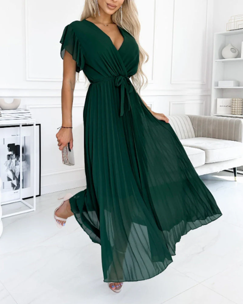 Solid color ruffled sleeves V-neck elegant dress - Image 16