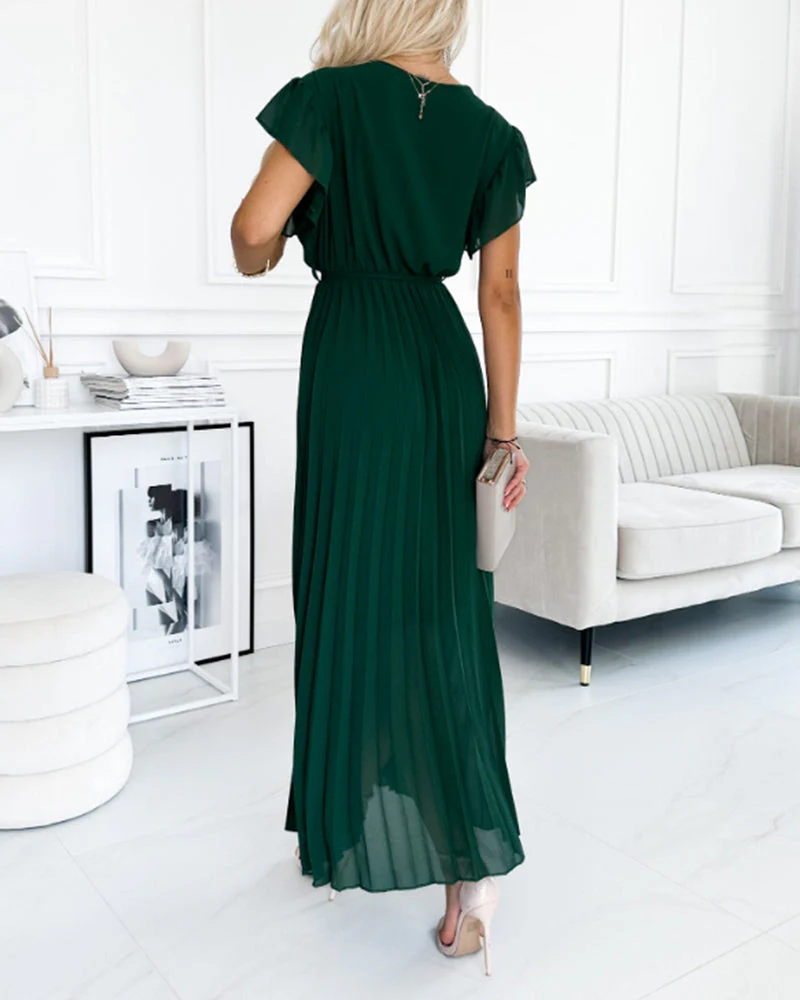 Solid color ruffled sleeves V-neck elegant dress - Image 17