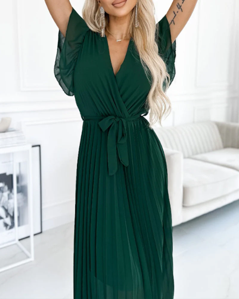 Solid color ruffled sleeves V-neck elegant dress - Image 18