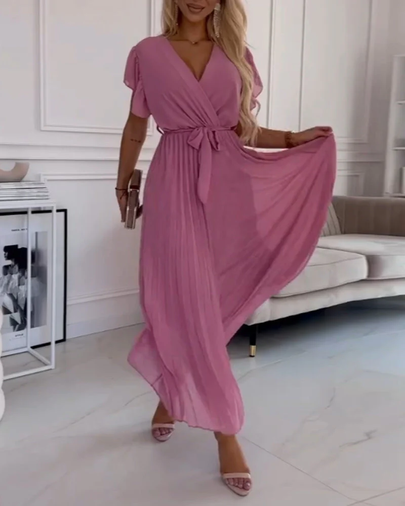 Solid color ruffled sleeves V-neck elegant dress - Image 19