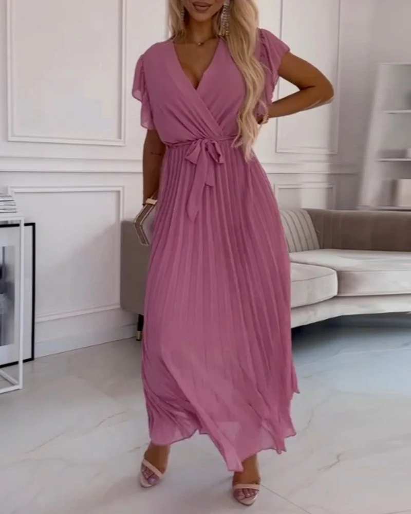 Solid color ruffled sleeves V-neck elegant dress - Image 23