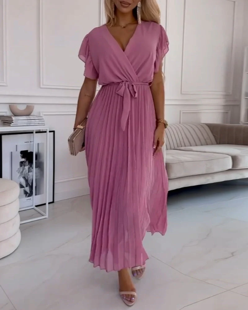Solid color ruffled sleeves V-neck elegant dress - Image 25