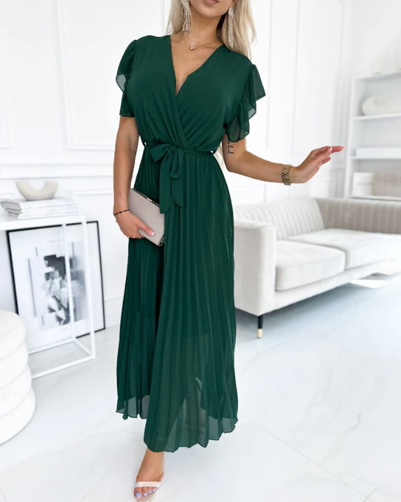 Solid color ruffled sleeves V-neck elegant dress - Image 32
