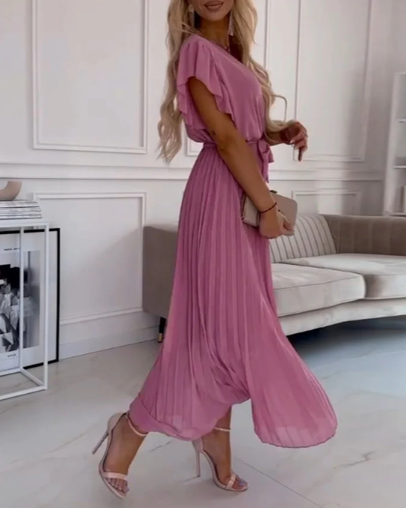 Solid color ruffled sleeves V-neck elegant dress - Image 36