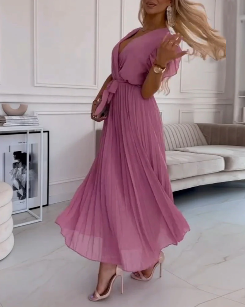 Solid color ruffled sleeves V-neck elegant dress - Image 38