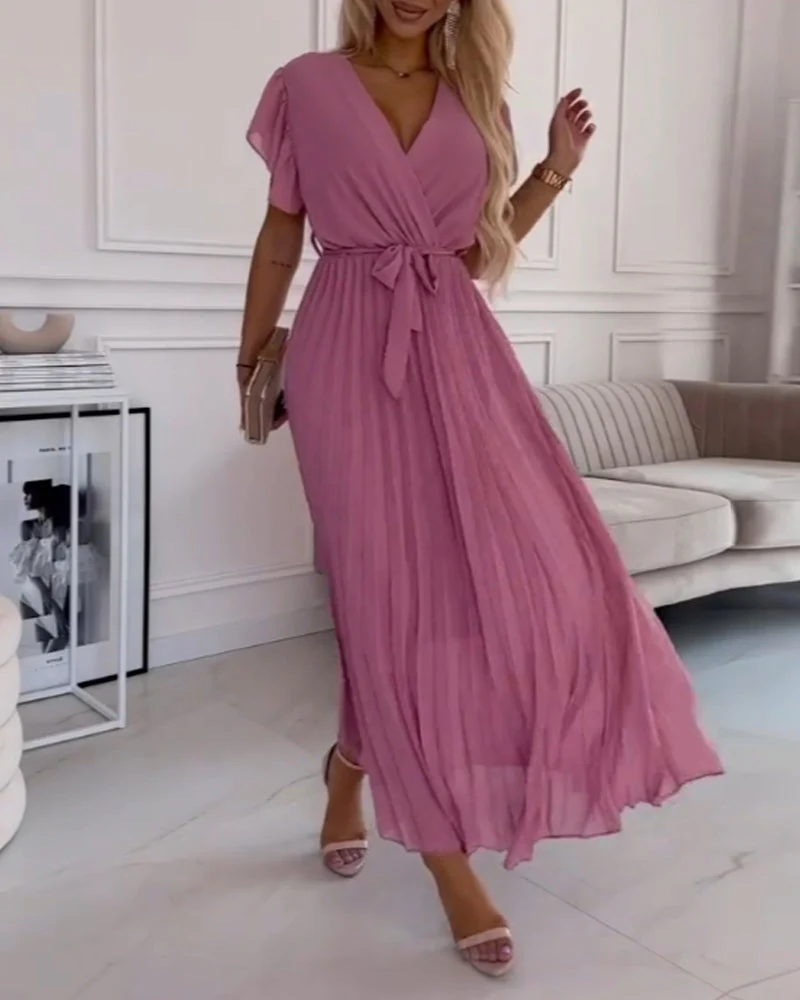 Solid color ruffled sleeves V-neck elegant dress - Image 4