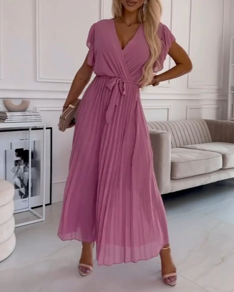 Solid color ruffled sleeves V-neck elegant dress - Image 40