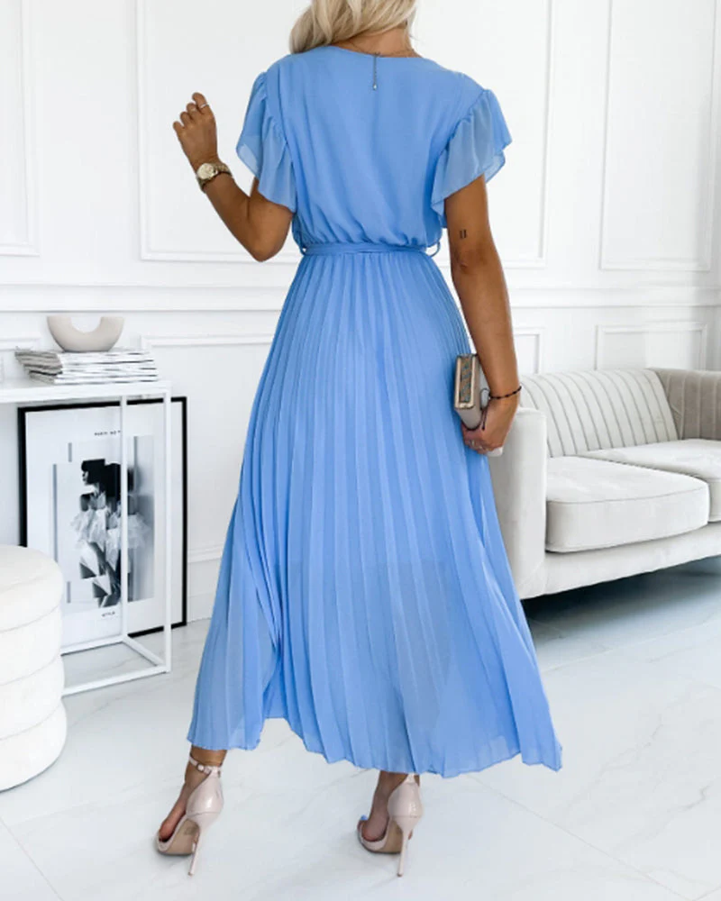 Solid color ruffled sleeves V-neck elegant dress - Image 46