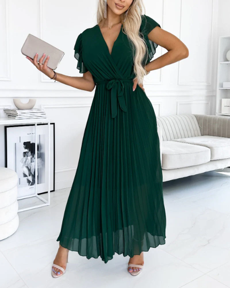 Solid color ruffled sleeves V-neck elegant dress - Image 47
