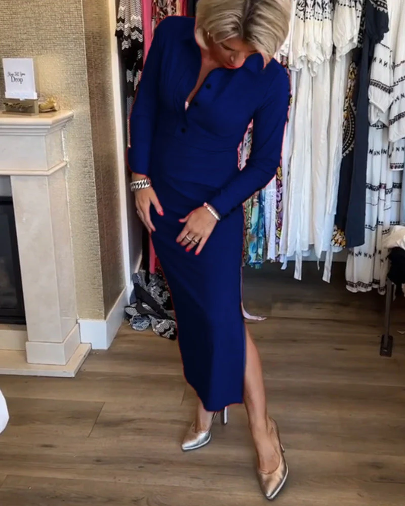 Solid color slit elegant dress - Image 30