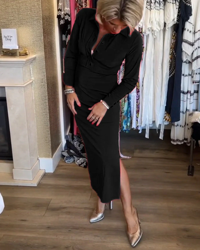 Solid color slit elegant dress - Image 33