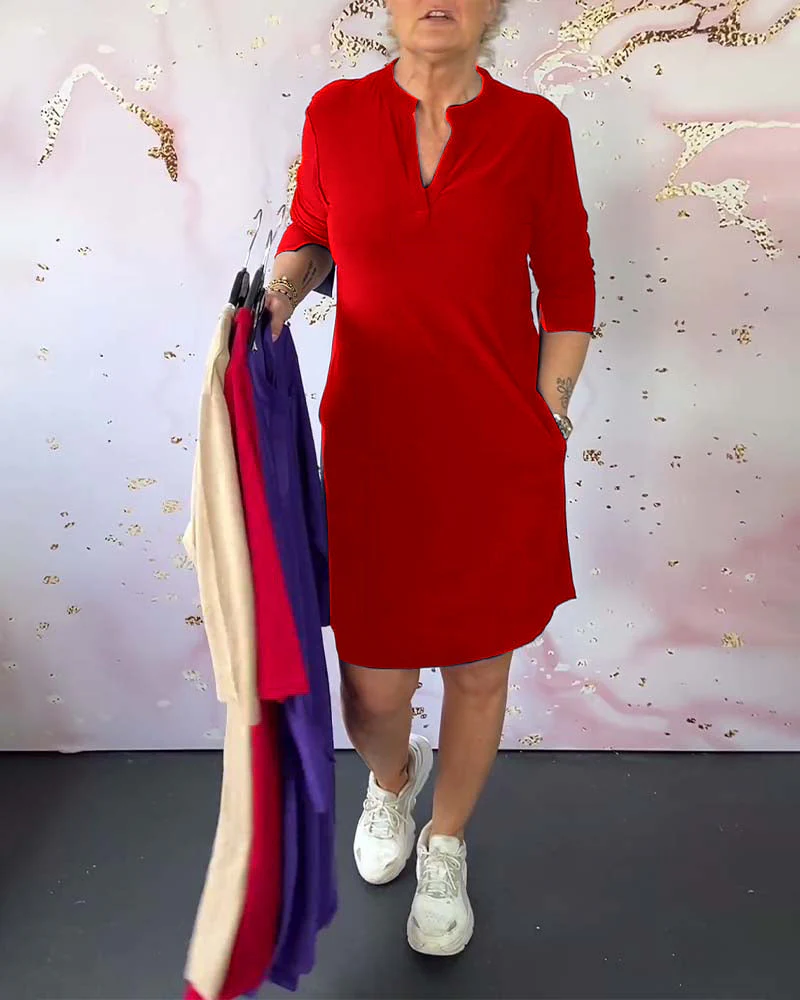 Solid-color V-neck dress - Image 10