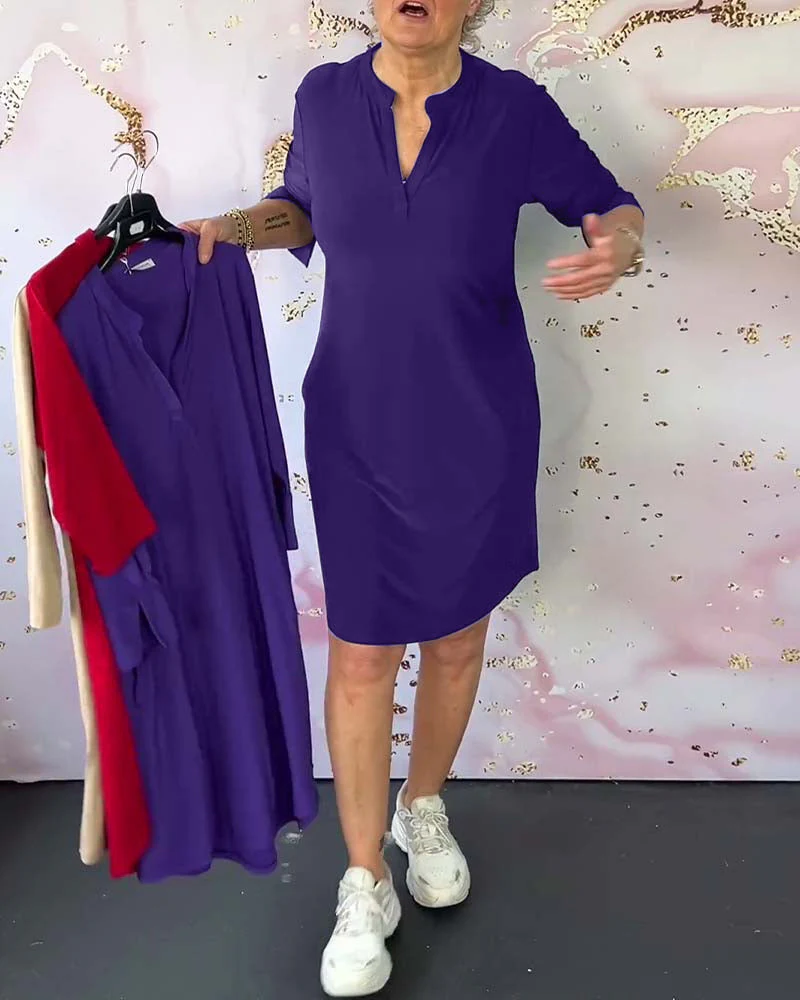 Solid-color V-neck dress - Image 11