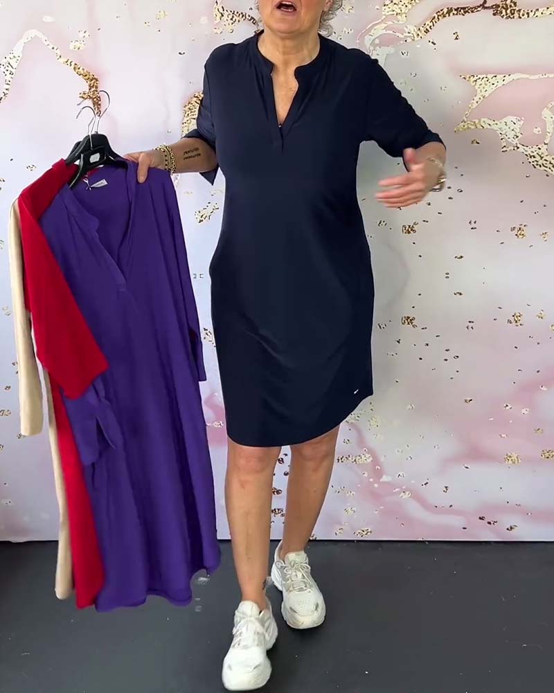 Solid-color V-neck dress - Image 16