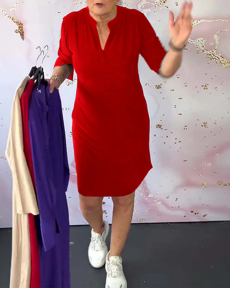 Solid-color V-neck dress - Image 19