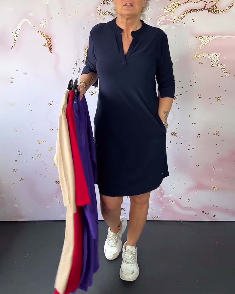 Solid-color V-neck dress - Image 24
