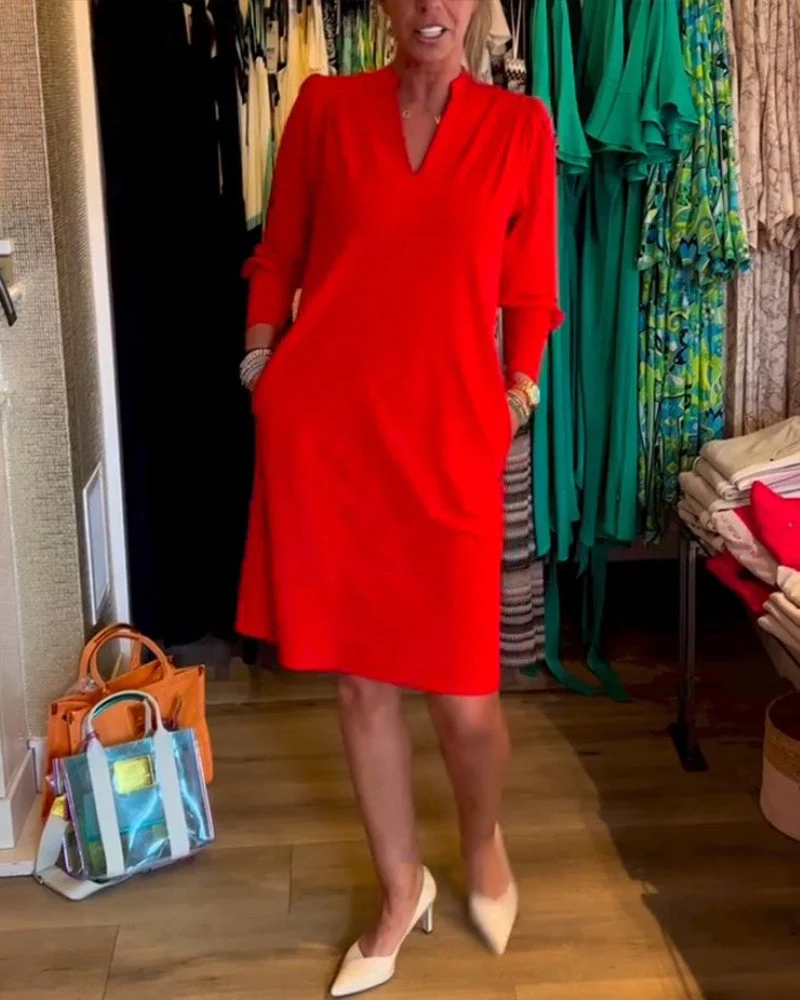 Solid color V-neck Long Sleeve Dress