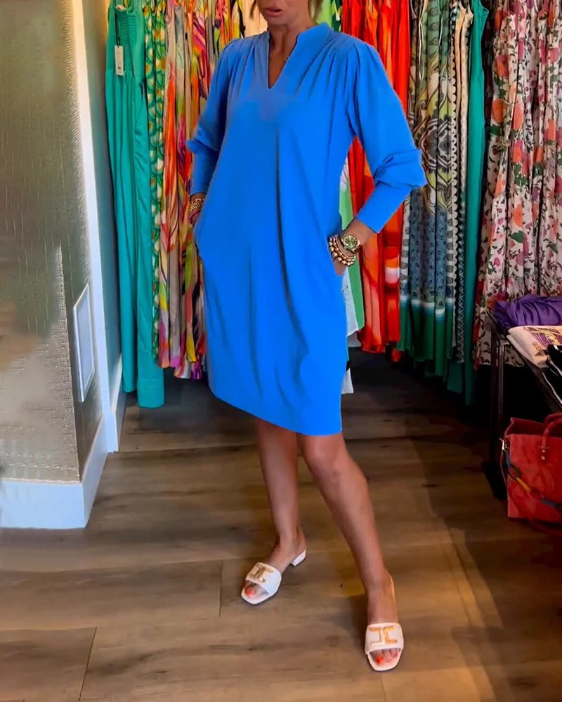 Solid color V-neck Long Sleeve Dress - Image 15