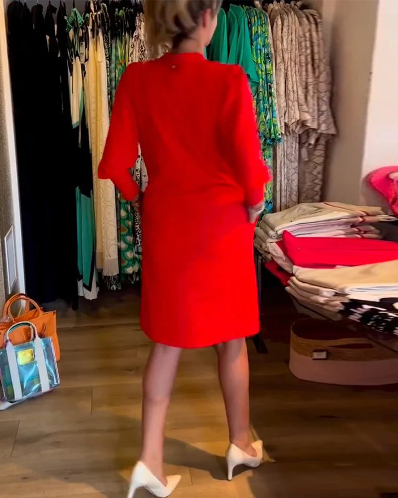 Solid color V-neck Long Sleeve Dress - Image 20