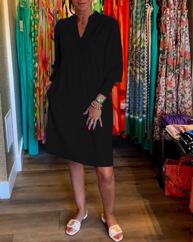 Solid color V-neck Long Sleeve Dress - Image 24