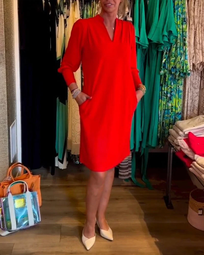 Solid color V-neck Long Sleeve Dress - Image 4