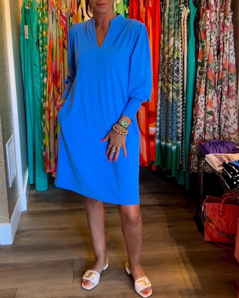 Solid color V-neck Long Sleeve Dress - Image 6