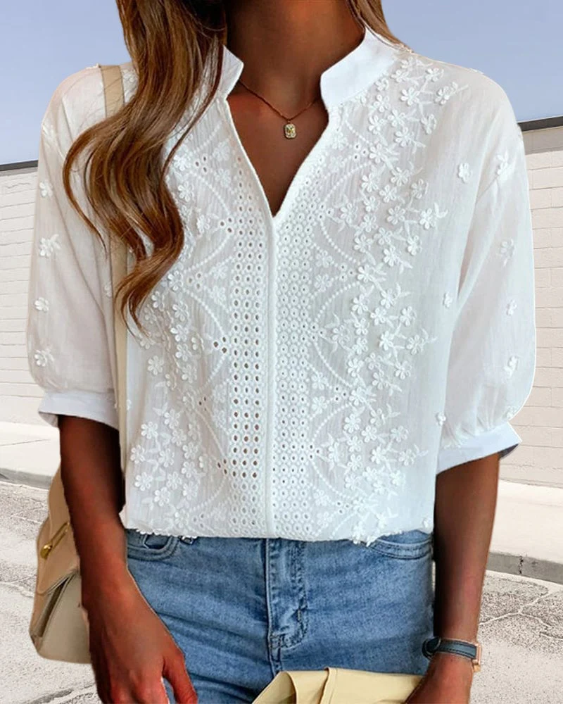 Solid Color V-Neck Short-Sleeved Blouse