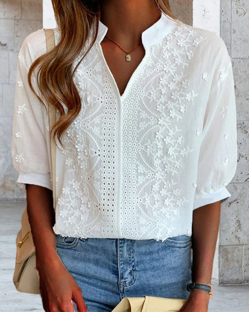 Solid Color V-Neck Short-Sleeved Blouse - Image 3