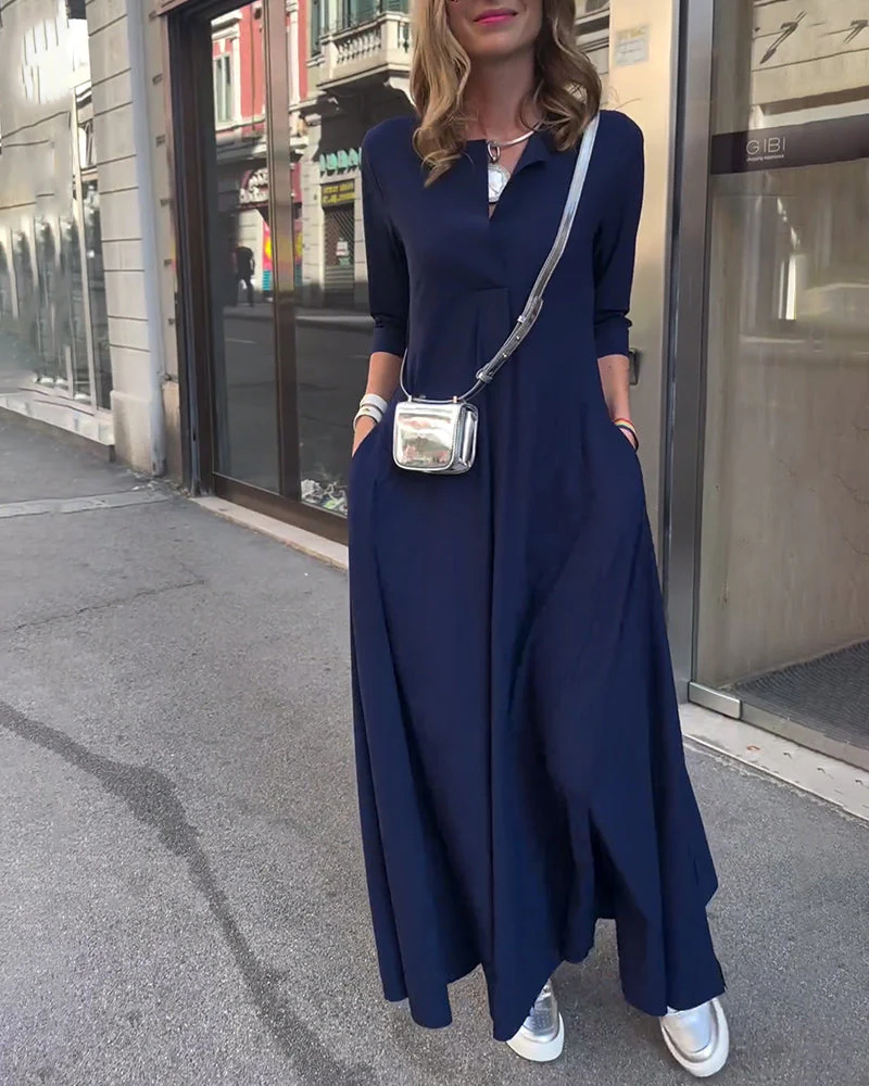 Solid Color V-neck Waist Dress