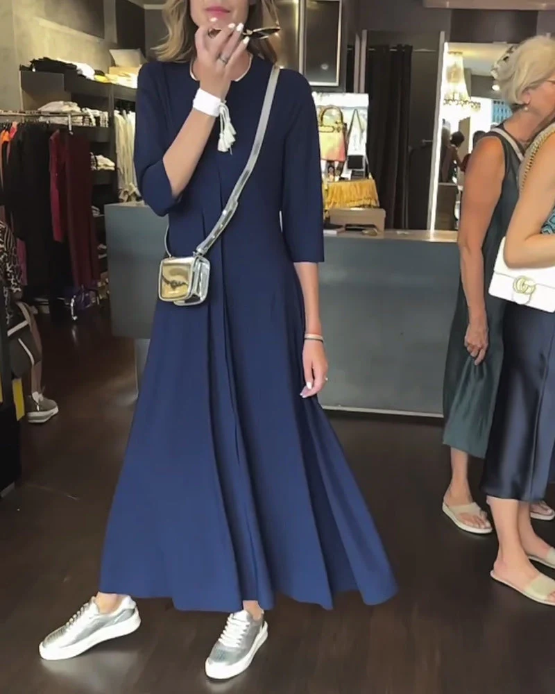 Solid Color V-neck Waist Dress - Image 4